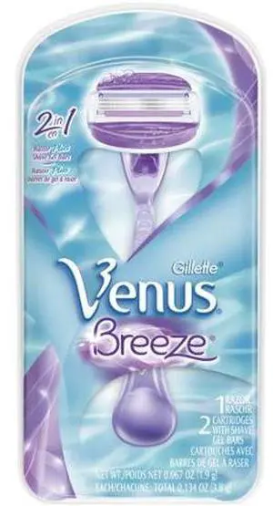 Gillette Venus Breeze Womens Razor, 1 Razor 2 Razor Refill Cartridges Kit