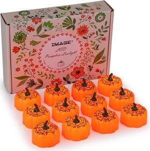 IMAGE 12 Packs LED Pumpkin Lights Battery Operated Pumpkin Tealight Candles for Halloween, Christmas, Thanksgiving and Theme Parties