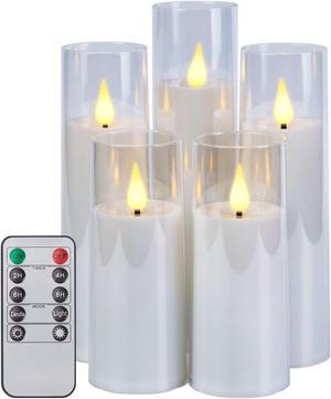 IMAGE Flickering Flameless Candles Acrylic Shell Pillar 3D Wick LED Candles with Timer for Wedding Christmas Home Decor Set of 5 White