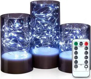 IMAGE 3PCS Acrylic Shell Pillar LED Candles Featuring 13-Key Remote Timer, Battery Operated for Home, Wedding and Party Decor, Grey