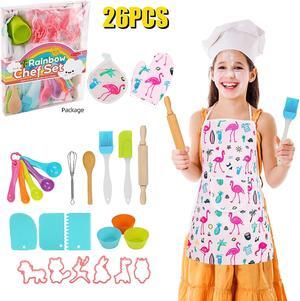 26pcs Kids Cooking Baking Costume Chef Apron Hat Kitchen Role Play for Girl Child, with Silicone Toy Baking Set, Multi-color