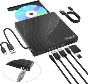 AGPtEK External CD/DVD Drive for Laptop, USB 3.0 Slim DVD Burner with USB Ports and TF/SD Card Slots, Ethernet Adapter, CD/DVD Player Reader/Writer for Laptop, PC, Windows, Linux, Mac OS