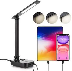 AGPtEK LED Desk Lamp with 4 USB Charging Port and 2 AC Power Sockets Black