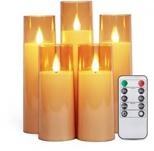 IMAGE 5 Pcs Acrylic Shell Pillar 3D Wick LED Candles with 10-Key Remote Control Timer, Gold