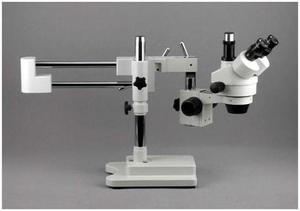 amscope sm4tpz professional trinocular stereo zoom microscope with simultaneous focus control, wh10x eyepieces, 3.5x90x magnification, 0.7x4.5x zoom objective, ambient lighting, doublearm boom stand,