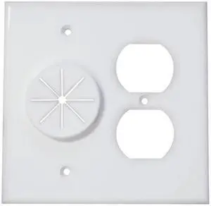 Double Gang Cable Pass Through Wall Plate with Dual Outlet Cover - White