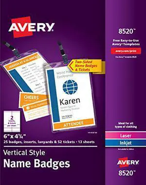 avery vertical name badges, durable plastic holders, lanyards, 6 x 41/4, 25 badges 8520