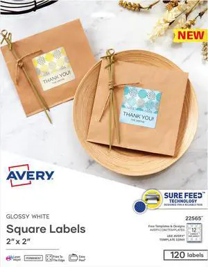 Avery Printable Blank Square Labels, 2" x 2", Glossy White, 120 Customizable Labels (22565)
