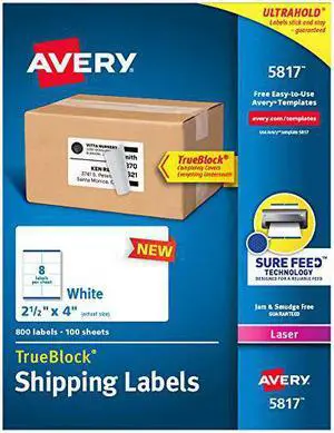 Avery Printable Blank Shipping Labels, 2.5" x 4", White, 800 Labels, Laser Printer, Permanent Adhesive (5817)