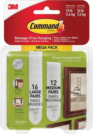 3M Picture Hanging Strips 3 lb or 4 lb Cap/Set 28/PK White 1720928ES