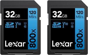 Lexar High-Performance SDHC Memory Card,800X 32GB, Class 10, UHS-I, U3 Blue Series, 2/pk