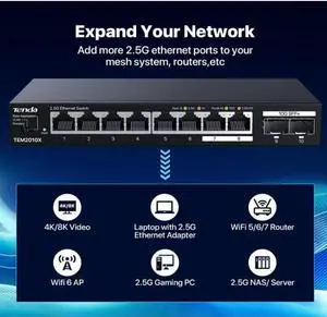 Tenda Tem2010X  8 Port 2.5G Ethernet Switch Support Vlan & Static Link Aggregation  Unmanaged 2.5Gb Switch With 8 X 2.5G Ports & 2 X 10Gb Sfp Slots  80Gbps Switching Capacity  Fanless Metal Design