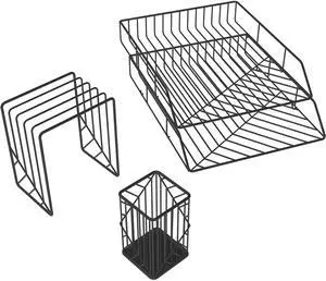 Vena Desktop Organization Kit 8 Compartments Letter Sorter Paper Tray Pencil Cup Black Metal 2004U0001