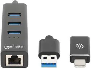 Manhattan 3-Port USB 3.0 Type-C/A Combo Hub with Gigabit Ethernet Network Adapter 180894