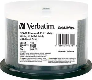 Verbatim BD-R 25GB 6X DataLifePlus White Thermal Printable, Hub Printable - 50pk Spindle (97338)