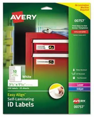 Avery Easy Align Self-laminating Id Labels - 250 Label[s] - 3.50" Width X 1.03" Length - 10/sheet - Rectangle - Laser, Inkjet - White - 250 / Pack (00757_40_1)