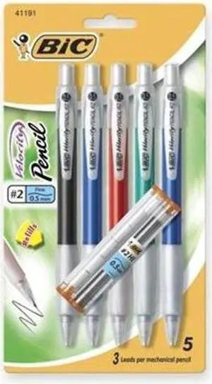 Bic Mechanical Pencil Refillable Rubbergrip .9mm 5/PK Assorted MVP51