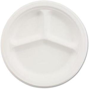 Paper Dinnerware, 3-Comp Plate, 9 1/4" Dia, White, 500/Carton