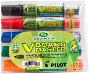 Pilot 43921 BeGreen V Board Master Med. Bullet Marker, Medium Marker Point Type - Bullet Marker Point Style - Refillable - 5/Pack