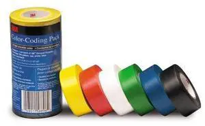 3M Vinyl Tape 764 Color-coding Pack, 0.94" Width x 65.61 ft Length - Rubber - 4 mil - Polyvinyl Chloride (PVC) Backing, 6 / Pack - Multicolor