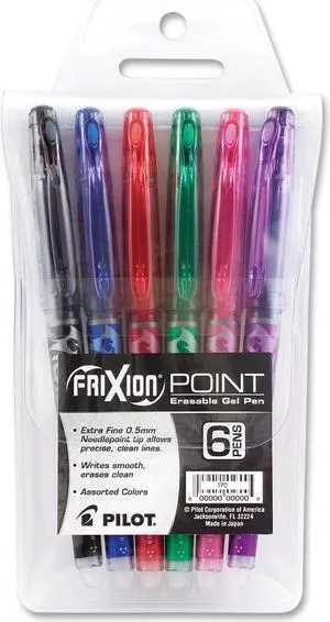 Pilot 46524 FriXion Point Erasable Gel Pen, Needle, 0.5mm Extra Fine, Assorted, 6-Pk