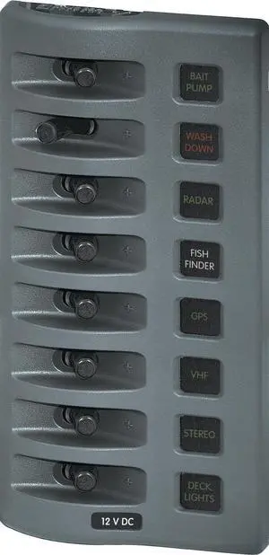 Blue Sea Systems - 4308 - Sw Pnl, Toggle w/ Fuses, 8 Sw, Gray