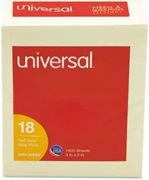 Universal UNV35692 Self-Stick Note Pads, 3 x 5, Yellow, 100-Sheet, 18/Pack