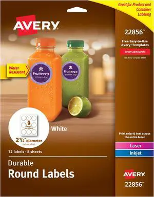 Avery Printable Waterproof Round Labels with Sure Feed, 2.5" Diameter, White, 72 Customizable Labels (22856)