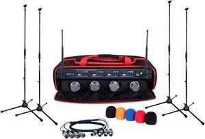 VocoPro UHF5800XL Professional 4 Channel UHF Wireless Mic Package with XLR Cable & Mic Stands & Bag