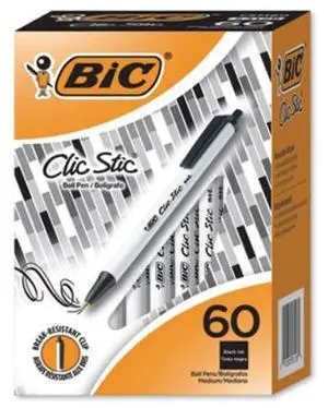 BIC CSM60BK Clic Stic Retractable Ballpoint Pen, Medium 1.2 mm, Black Ink, White Barrel, 60/Pack