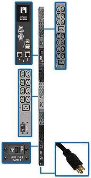Tripp Lite 10kW 3-Phase Monitored PDU, LX Interface, 200 / 208 / 240V Outlets (42 x C13 / 6 x C19), LCD, NEMA L15-30P, 6.0 Feet Cord, 0U Height, TAA (PDU3EVN6L1530B)