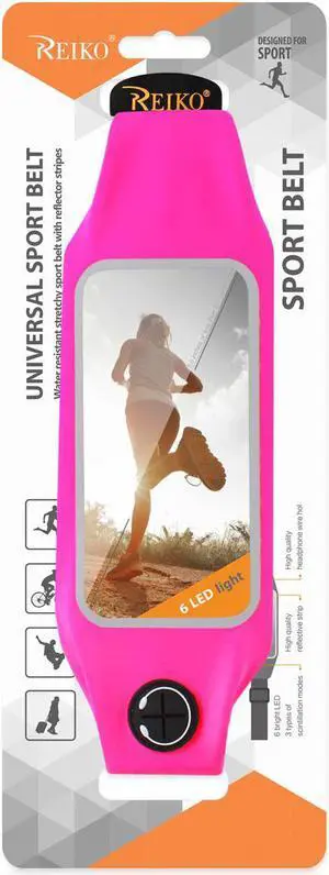 REIKO RUNNING SPORT BELT FOR IPHONE 7/ 6/ 6S OR 5 INCHES DEVICE WITH TWO POCKETS AND LED IN PINK (5x5 INCHES)