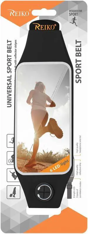 REIKO RUNNING SPORT BELT FOR IPHONE 7 PLUS/ 6S PLUS OR 5.5 INCHES DEVICE WITH TWO POCKETS AND LED IN BLACK (5.5x5.5 INCHES)