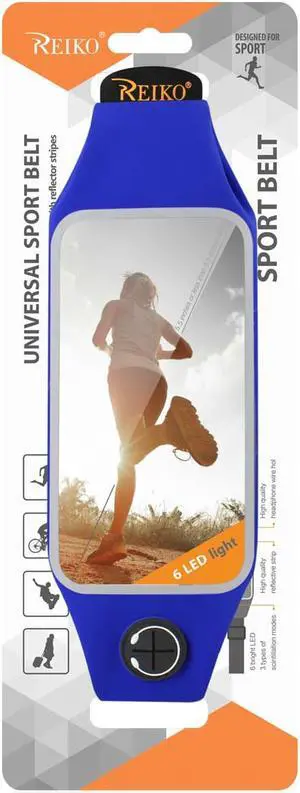 REIKO RUNNING SPORT BELT FOR IPHONE 7 PLUS/ 6S PLUS OR 5.5 INCHES DEVICE WITH TWO POCKETS AND LED IN BLUE (5.5x5.5 INCHES)