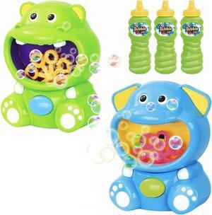 2 Pack Automatic Kids Bubble Maker Hippo and Elephant Three 8 OZ Bubble Solution