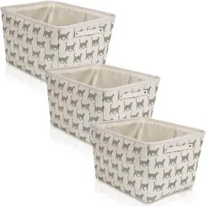 Storage Basket Rectangular, Handles 7.5''x16''x12.25'', White/Gray Cat Print-3Pk