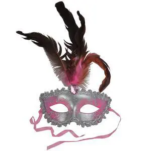 Carnival Mardis Gras Colorful Costume Mask With Jewel and Colorful Feathers, Pink Carnival Mardis Gras Colorful Costume Mask With Jewel and Colorful Feathers, Pink
