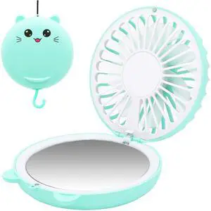 Lucky Cat Portable Necklace Personal Fan and Handheld Make Up Mirror Green Lucky Cat Portable Necklace Personal Fan and Handheld Make Up Mirror Green