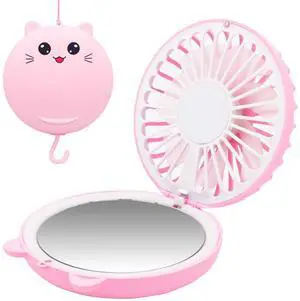 Lucky Cat Portable Necklace Personal Fan and Handheld Make Up Mirror Pink Lucky Cat Portable Necklace Personal Fan and Handheld Make Up Mirror Pink