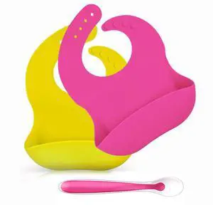 2 Pack Silicone Waterproof Adjustable Baby Boy Girl Bibs with Feeding Spoon 2 Pack Silicone Waterproof Adjustable Baby Boy Girl Bibs with Feeding Spoon
