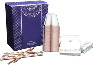 100 Pcs Rose Gold Disposable Plastic Cups Napkins Straws Party Dinnerware Set 100 Pcs Rose Gold Disposable Plastic Cups Napkins Straws Party Dinnerware Set