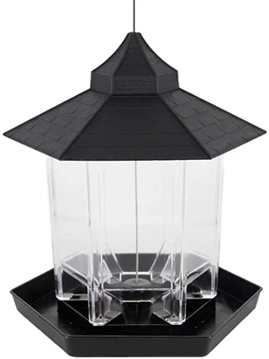 Panorama Bird Feeder Hexagon Shaped with Roof Hanging Feeder Yard Decoration, Black Panorama Bird Feeder Hexagon Shaped with Roof Hanging Feeder Yard Decoration, Black