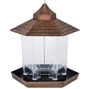 Panorama Bird Feeder Hexagon Shaped with Roof Hanging Feeder Yard Decoration, Bronze Panorama Bird Feeder Hexagon Shaped with Roof Hanging Feeder Yard Decoration, Bronze
