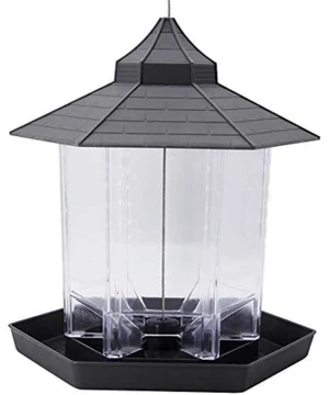 Panorama Bird Feeder Hexagon Shaped with Roof Hanging Feeder Yard Decoration, Gray Panorama Bird Feeder Hexagon Shaped with Roof Hanging Feeder Yard Decoration, Gray