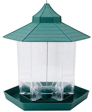 Panorama Bird Feeder Hexagon Shaped with Roof Hanging Feeder Yard Decoration, Green Panorama Bird Feeder Hexagon Shaped with Roof Hanging Feeder Yard Decoration, Green