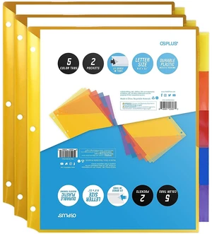 OS Plus 5-Tab Plastic Binder Dividers 2 Pockets Insertable Big Tabs 3-Ring New OS Plus 5-Tab Plastic Binder Dividers 2 Pockets Insertable Big Tabs 3-Ring New