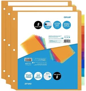 OS Plus 8-Tab 3 Ring Binder Dividers Durable Plastic 2x Space in Tabs Set - New OS Plus 8-Tab 3 Ring Binder Dividers Durable Plastic 2x Space in Tabs Set - New