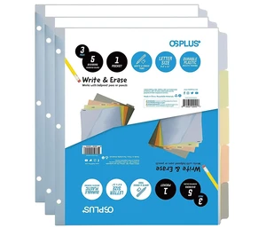 OS Plus 5-Tab Plastic Binder Dividers Write & Erase Tabs White 3-Ring Set - New OS Plus 5-Tab Plastic Binder Dividers Write & Erase Tabs White 3-Ring Set - New