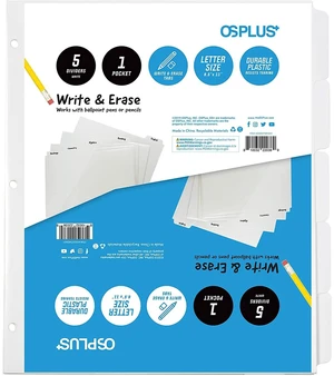 OS Plus 5-Tab White Plastic Binder Dividers Write & Erase 3-Ring 1/3/6 Set New OS Plus 5-Tab White Plastic Binder Dividers Write & Erase 3-Ring 1/3/6 Set New