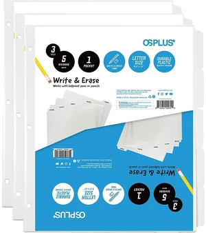 OS Plus 5-Tab White Plastic Binder Dividers Write & Erase 3-Ring 1/3/6 Set New OS Plus 5-Tab White Plastic Binder Dividers Write & Erase 3-Ring 1/3/6 Set New
